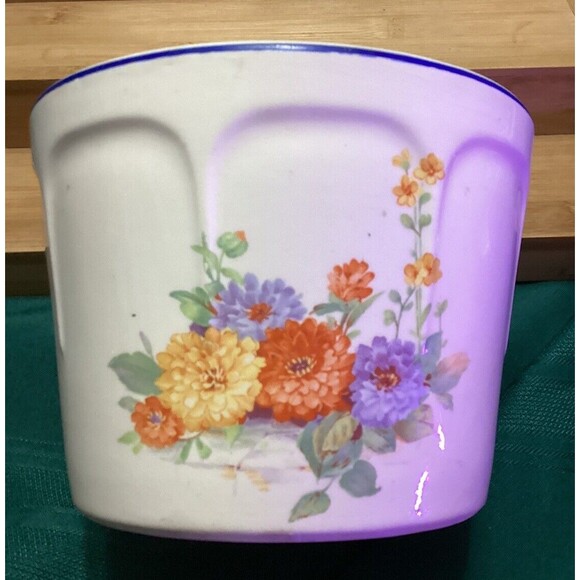 Vintage Bowl Universal Potteries Ovenproof USA White Floral Print Blue Rim MCM - Picture 1 of 13